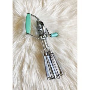 Vintage Stainless Steel Hand Crank Egg Beater Aqua Robin Egg Blue Japan Works